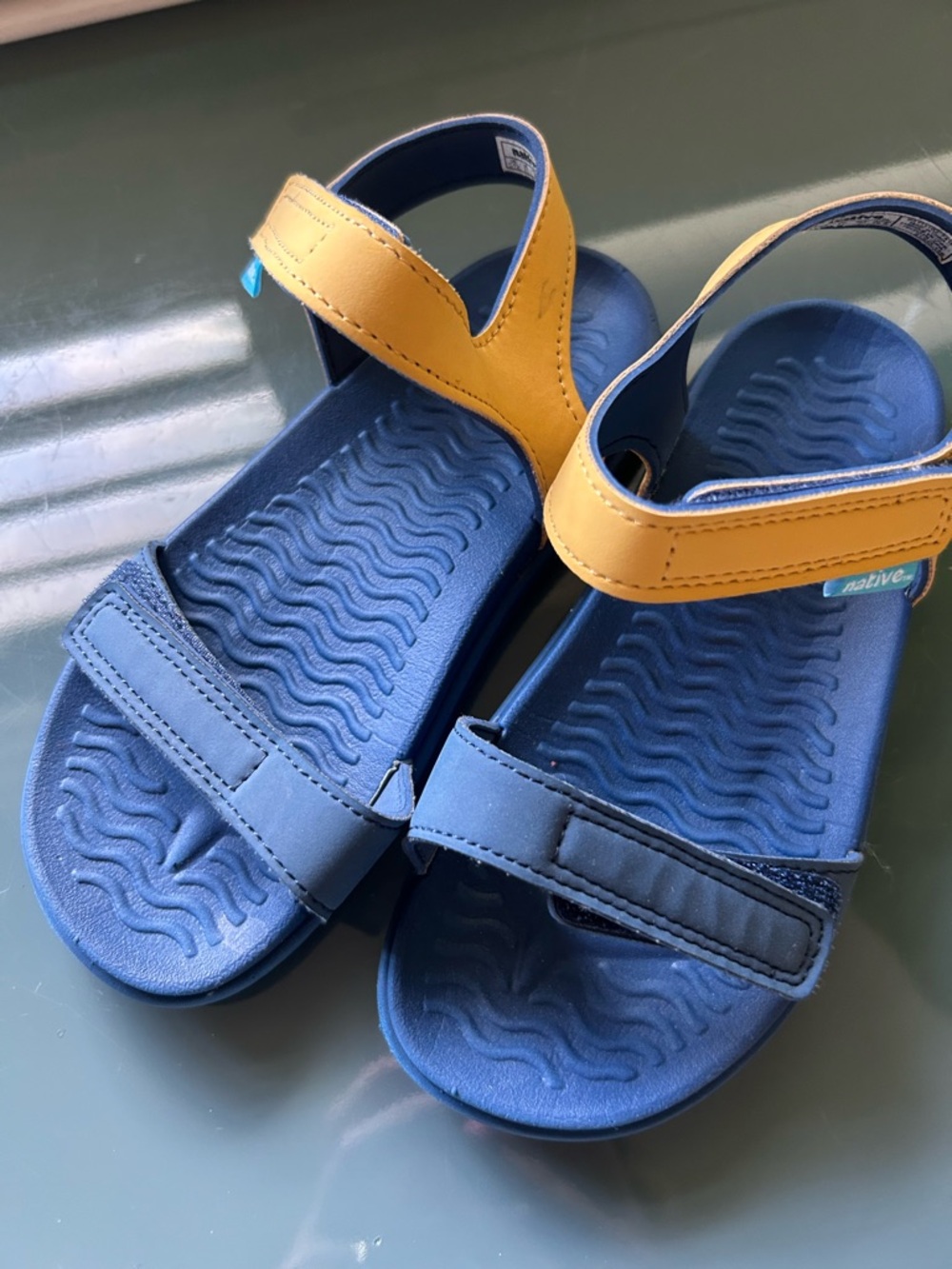 Native Charlie Kids Blue and Yellow Sandals - Adjustable Velcro Straps, 12, NWOT